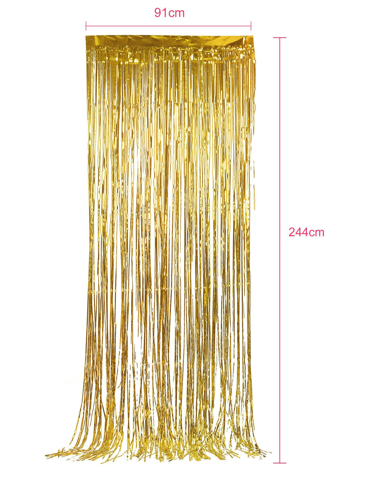 Detail der Abmessungen des 5er-Packs glitzernder goldener Vorhänge für Partydekoration