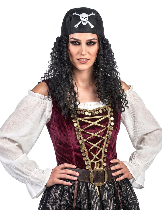 Piraten-Perücke mit Totenkopf-Bandana für Herren schwarz-weiss