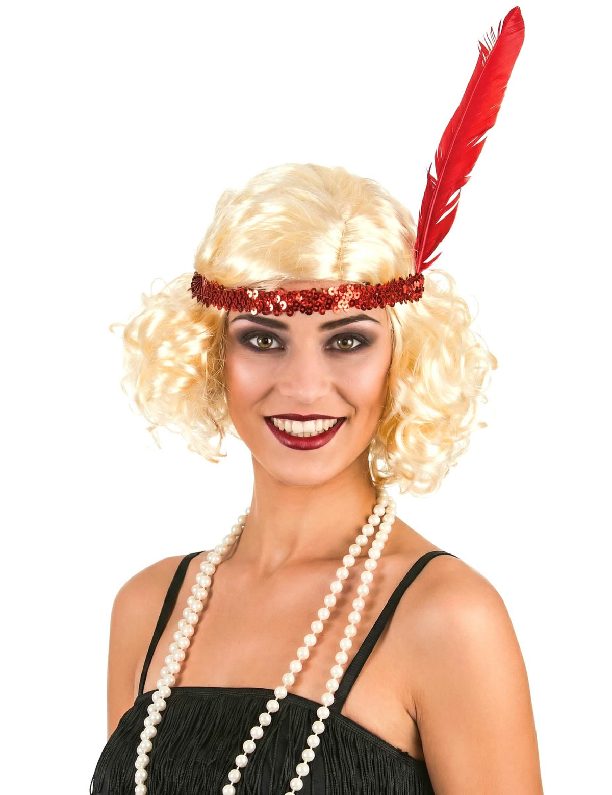 Charleston (20er)-Perücke für Damen blond mit Pailletten-Haarband und roter Feder