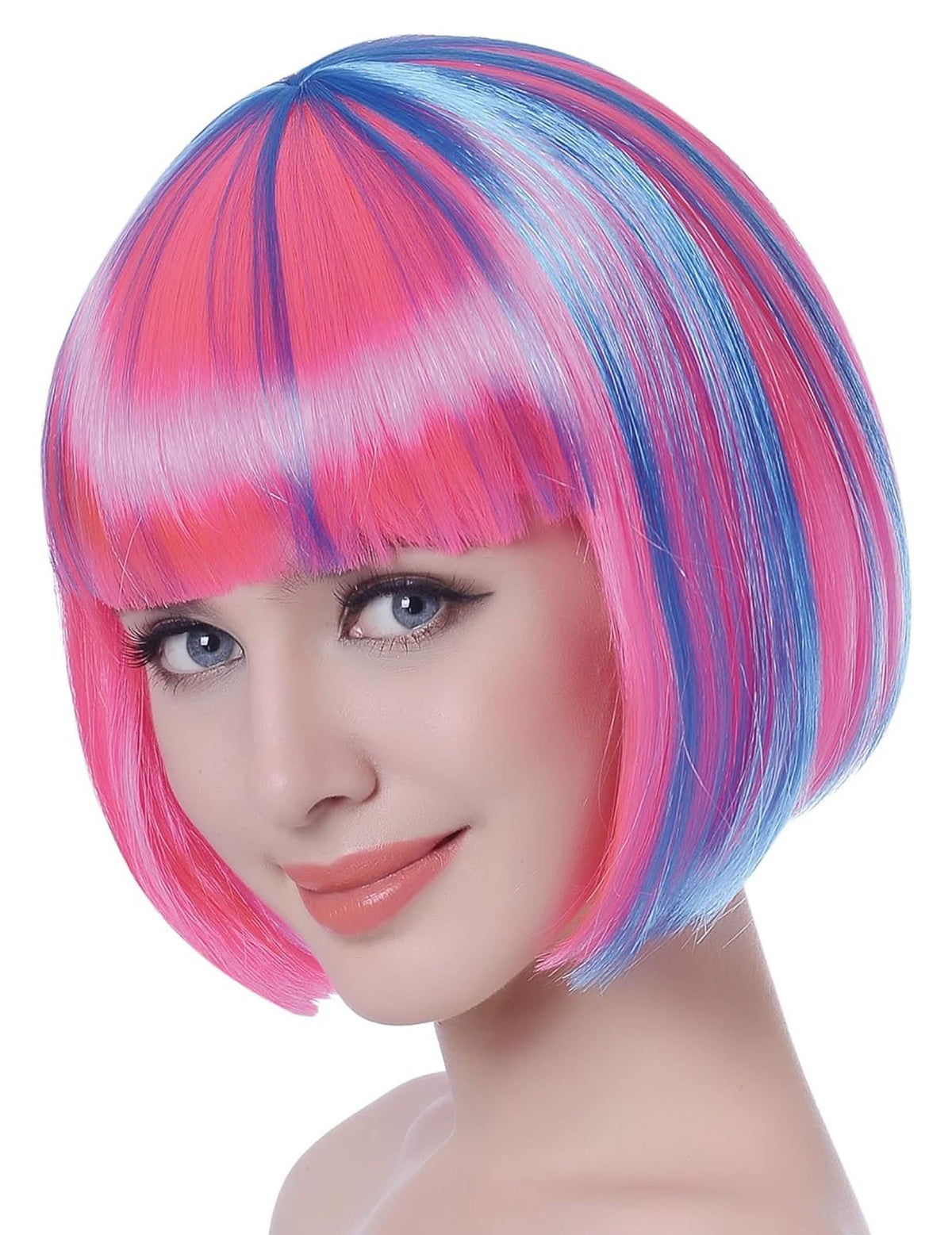 Kurze, bunt gesträhnte Damenperücke Rosa, Pink und Blau mit Pony