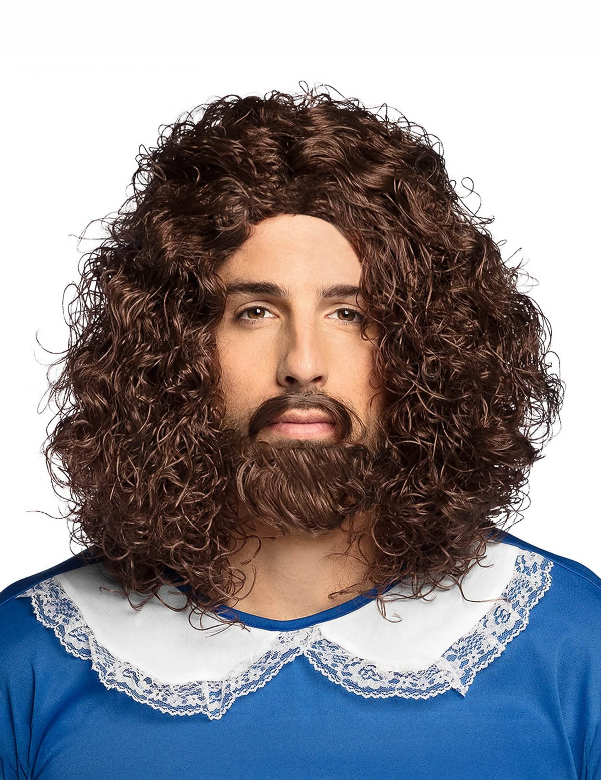 Perruque et moustache de mousquetaire pour homme châtain bouclée