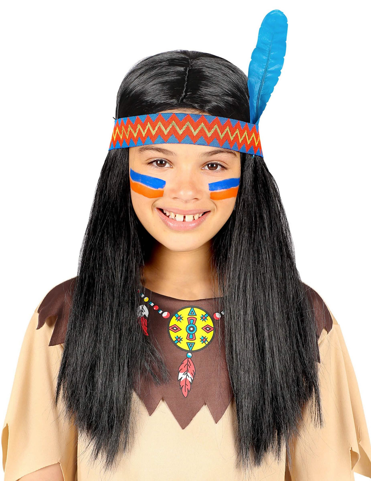 Perruque d'indien avec bandeau et plume pour enfant noire avec plume bleue