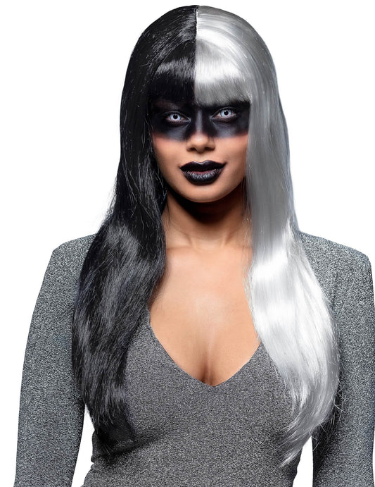 Vue de face de la perruque lisse noire et blanche