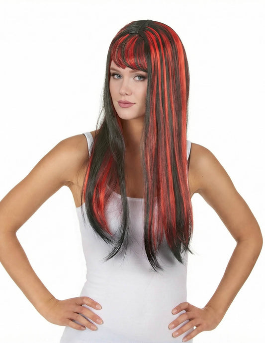 Vue de face de la perruque longue noire avec frange pour femme balayage rouge