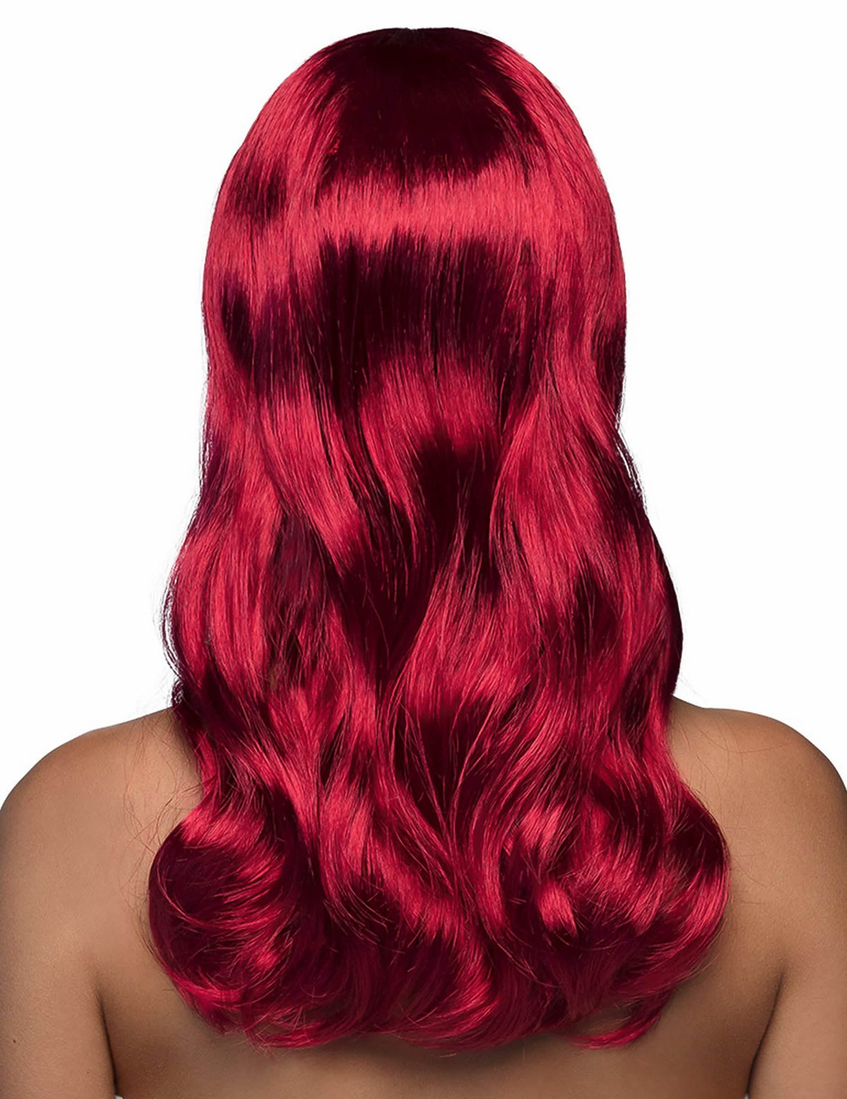 Vue de dos de la perruque longue pour femme rouge foncée