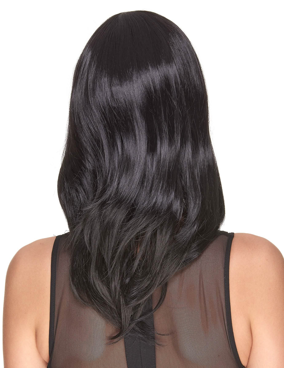 Vue de dos de la perruque luxe noire mi-longue pour femme
