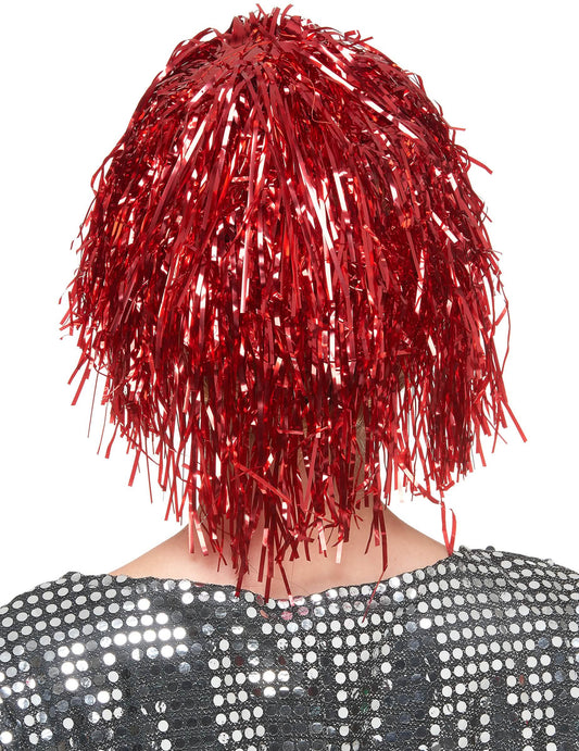 Metallic-Perücke mit Lametta-Fransen für Erwachsene rot