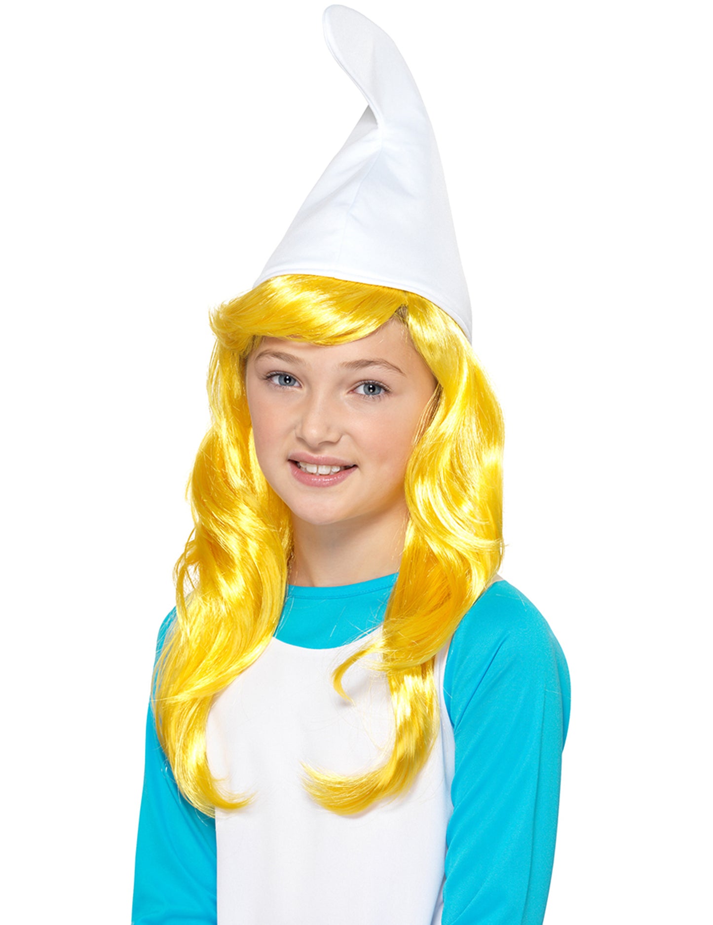 Détail du bonnet blanc de la Perruque Schtroumpfette pour enfant