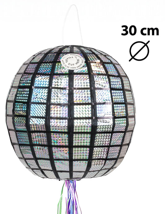 Dimensions et système d'accroche de la piñata boule à facettes disco