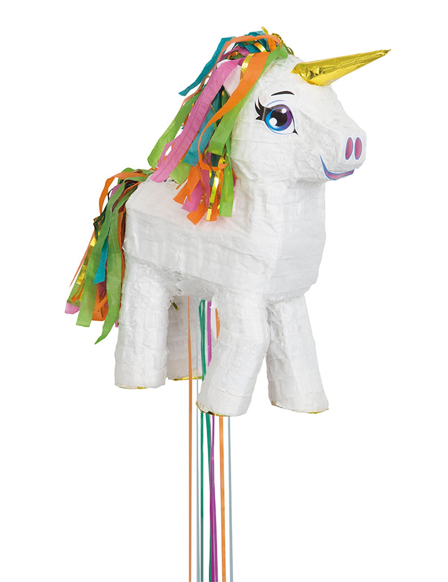 Piñata licorne pour enfant blanche avec crinière multicolore et corne dorée