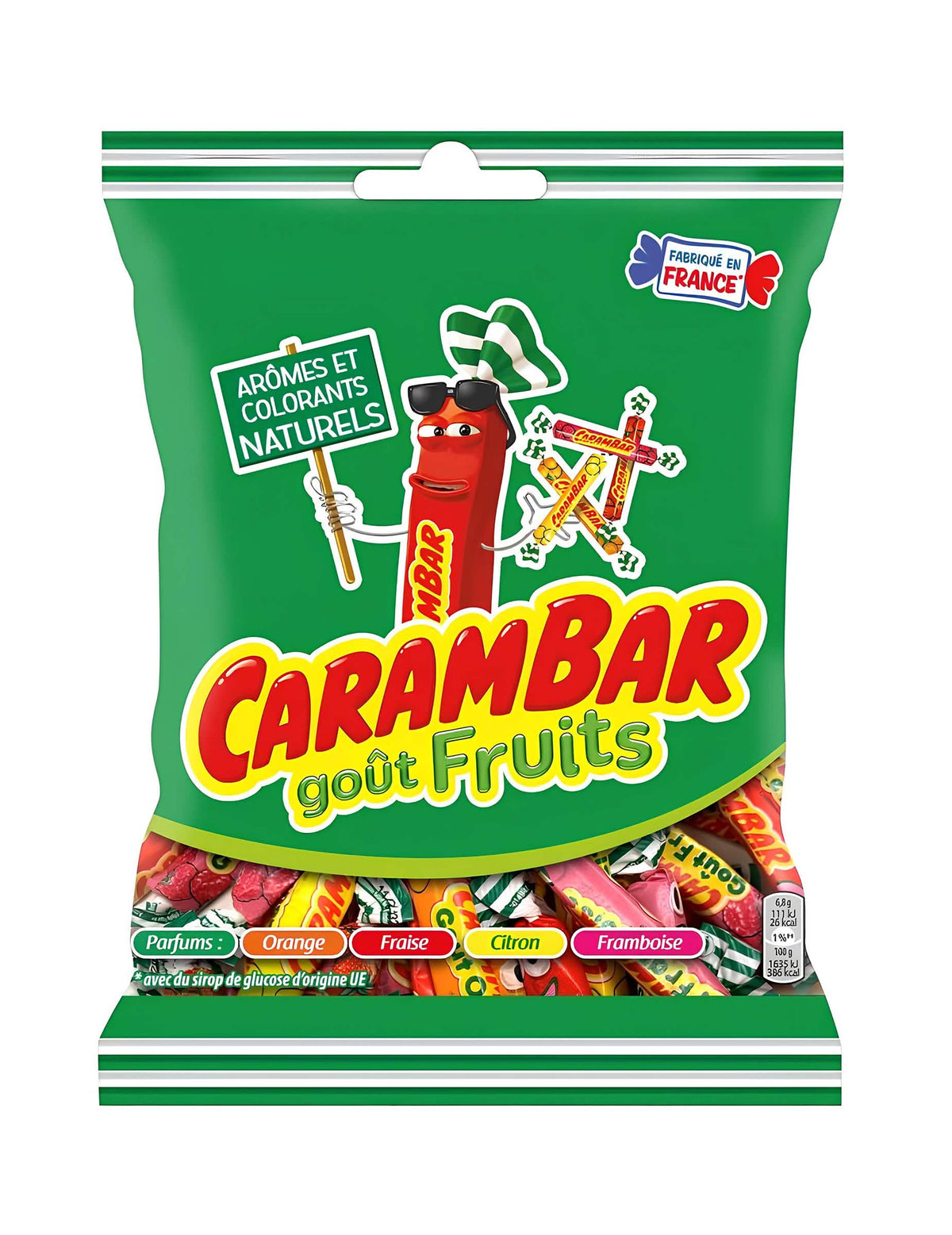 Süßigkeitenbeutel Carambar Früchte für Kinder und Erwachsene mit den Geschmacksrichtungen orange, Erdbeere, Zitrone und Himbeere