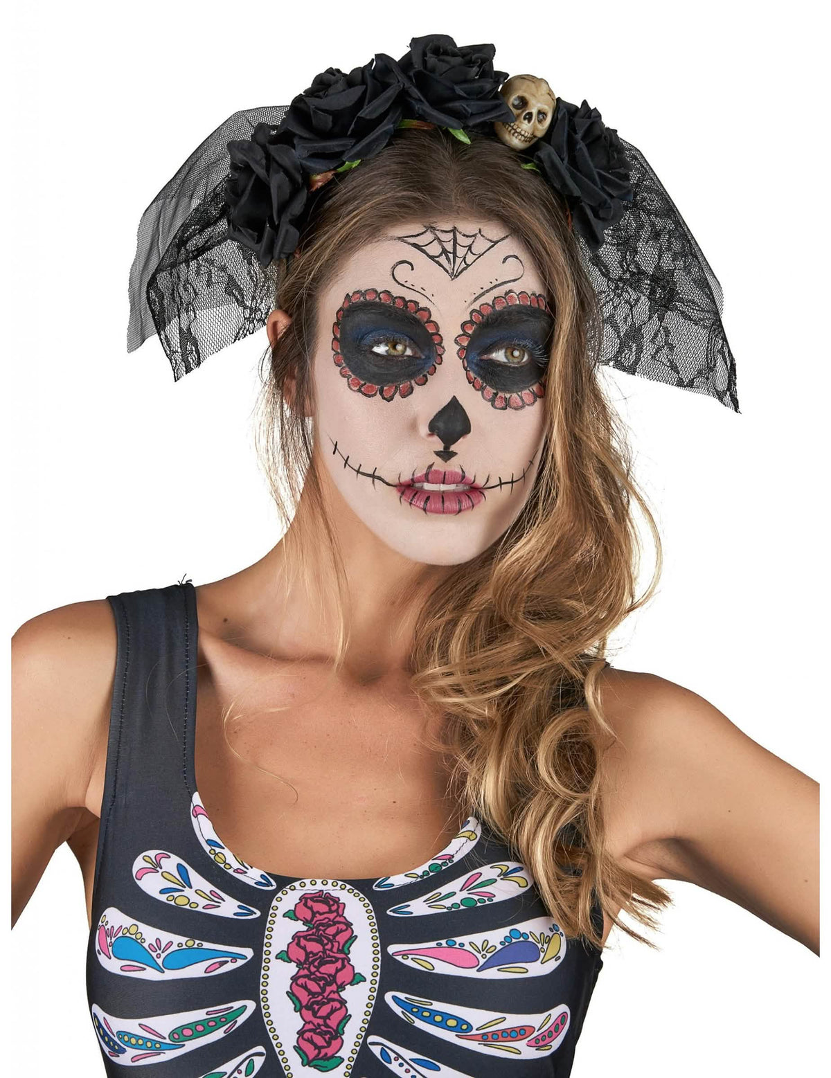 Serre-tête Dia De Los Muertos pour femme noir avec voile en dentelle et roses