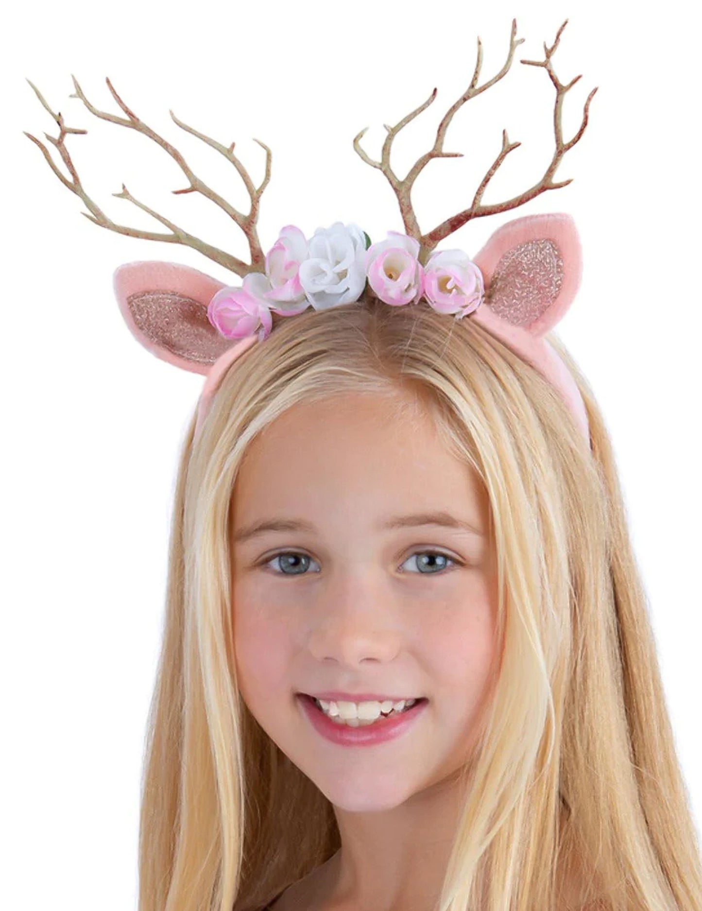 Serre-tête renne pour fille rose gold avec fleurs roses et blanches
