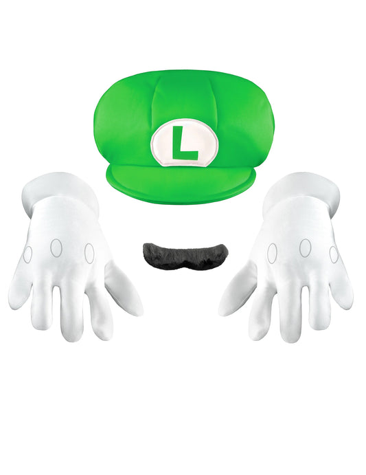 Vue d'ensemble de la casquette de la moustache et des gants du set accessoires Luigi pour enfant