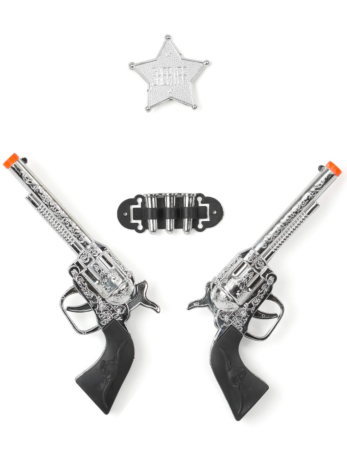 Set de 2 pistolets en plastique de cowboy pour enfant argent avec étoile de shérif