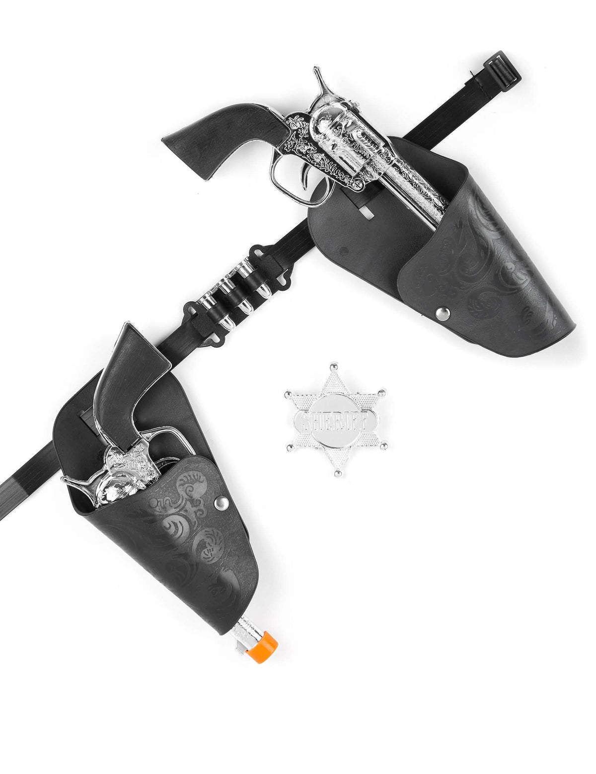 Set Cowboy-Revolver für Kinder Schwarz und Farbe Silber mit Gürtel und Sheriff-Stern