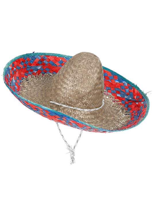 Mexikanischer Sombrero für Erwachsene mit Krempe in Rot und Blau