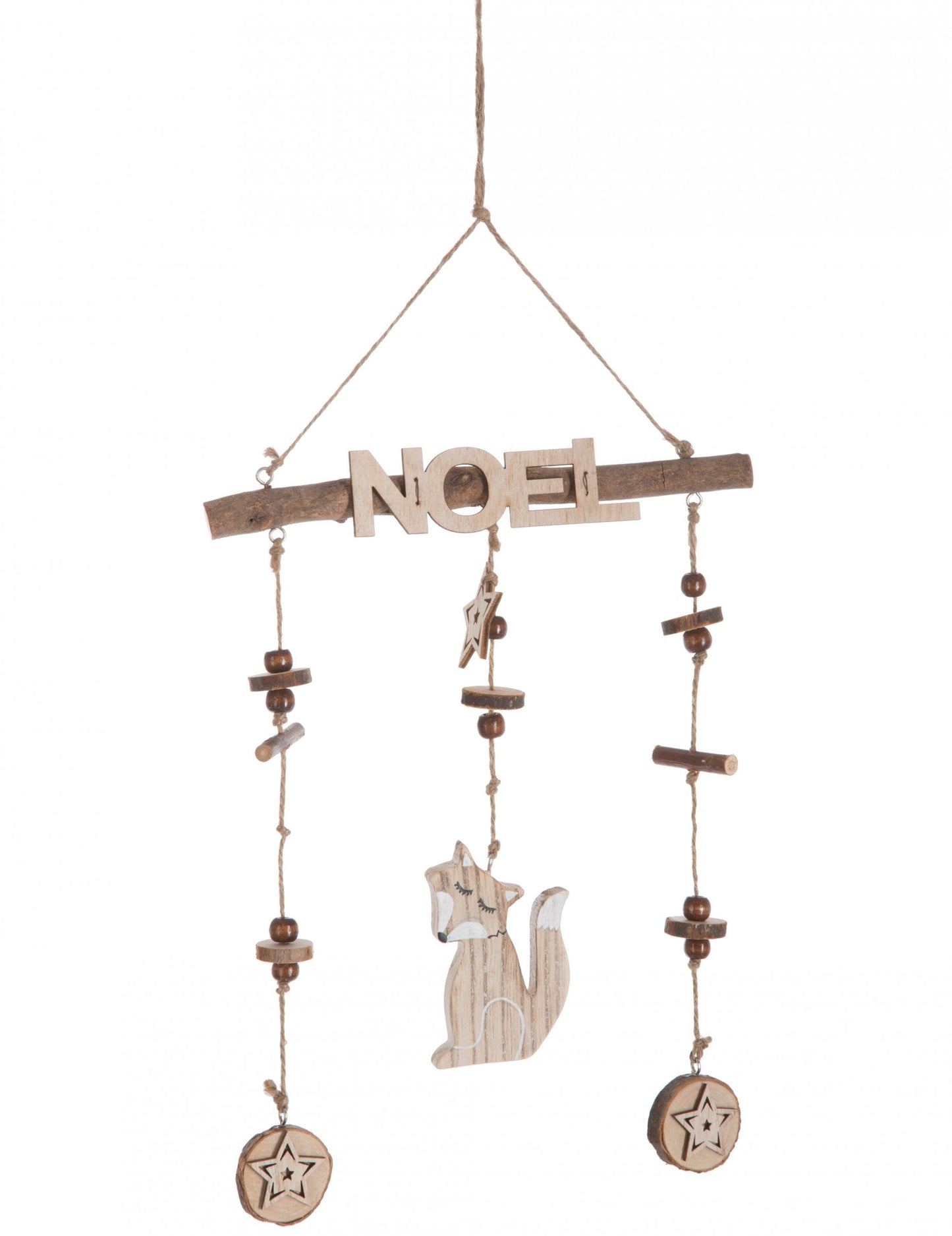 Suspension en bois Noël petit renard naturelle avec étoiles et perles
