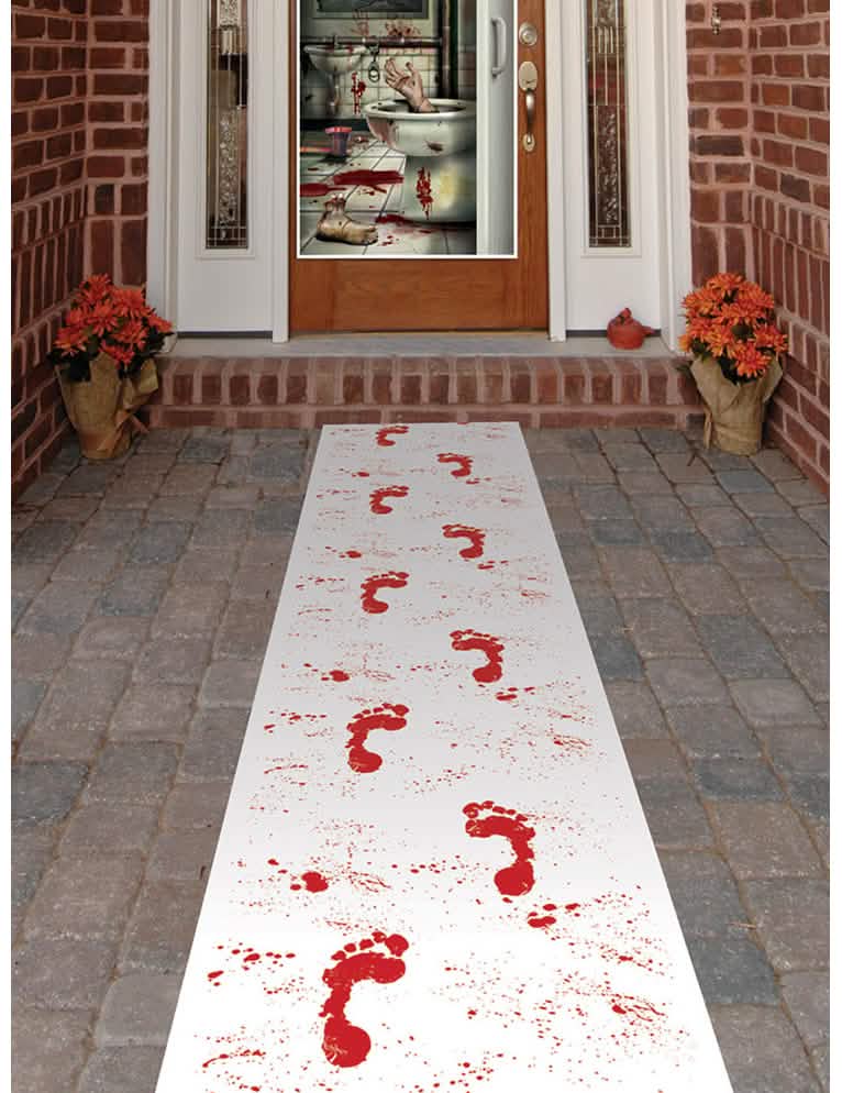 Tapis en intissé avec empreintes ensanglantées pour décoration d'Halloween blanc et rouge