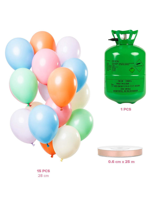 Heliumflaschen-Set mit 15 pastellfarbenen Luftballons