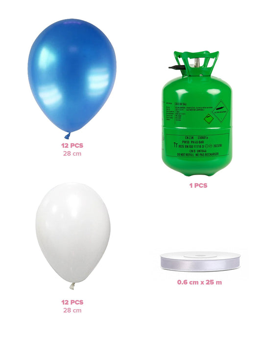 Heliumflaschen-Set mit 24 Ballons blau-weiß