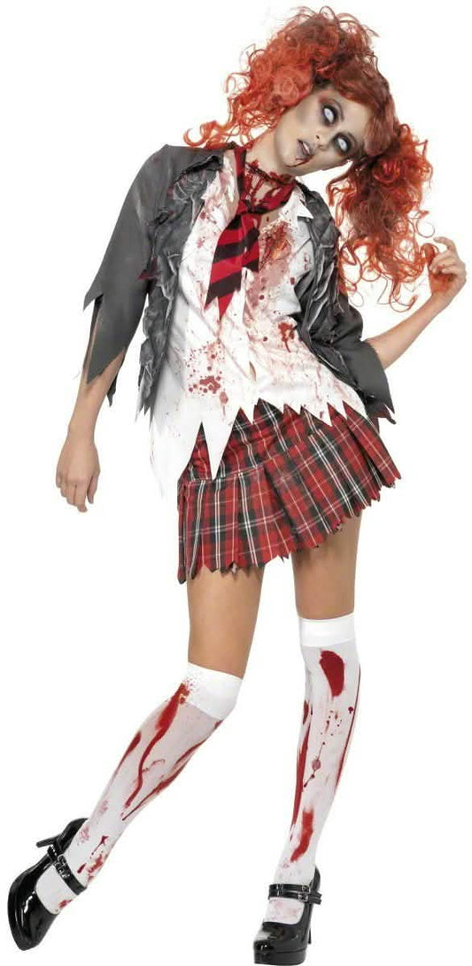 Zombie-Schulmädchen-Kostüm und Kostüm-Accessoires für Damen 3-teilig bunt