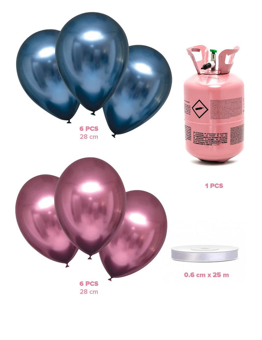 Heliumflaschen-Set mit 12 Ballons blau-rosa