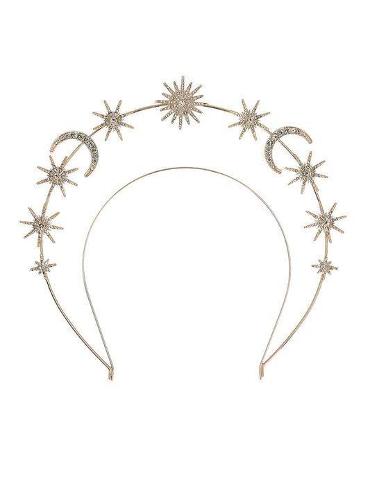 Détail des lunes et étoiles de la tiare métallique soleil, lunes et étoiles