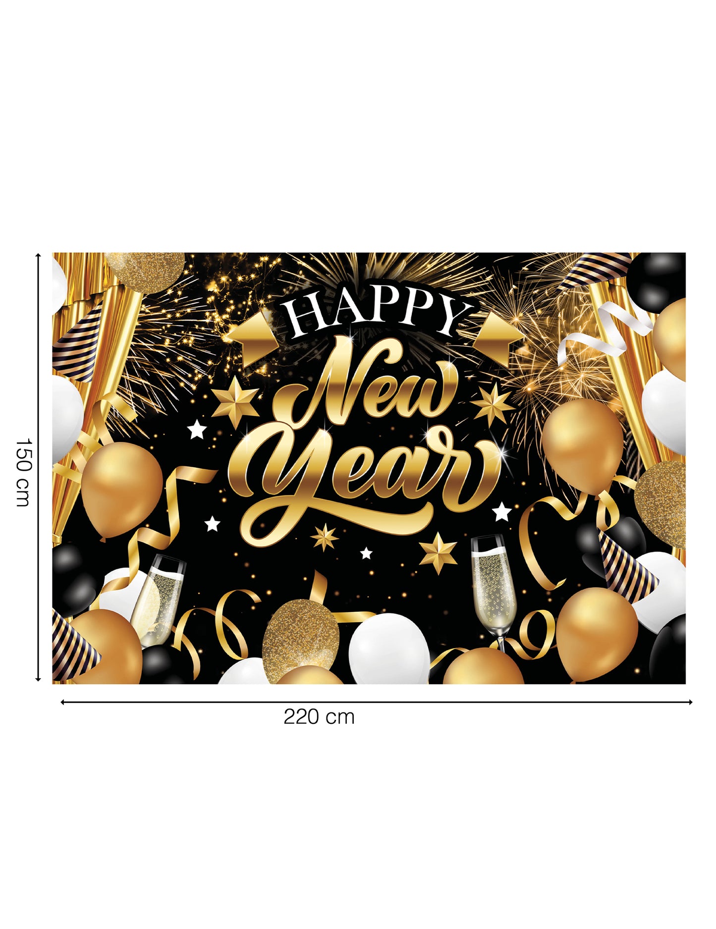 Dimensions de la toile de fond Happy New Year pour fête noir et or