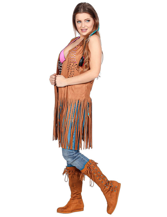 Braune lange Hippie-Damenjacke mit Fransen
