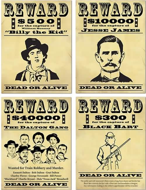 Affiches de récompense Bandits américains pour décoration noir et beige effet vintage