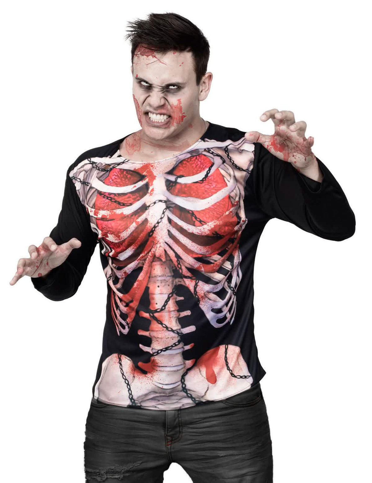 T-shirt zombie squelette Halloween pour homme noir avec impression cage thoracique ensanglantée