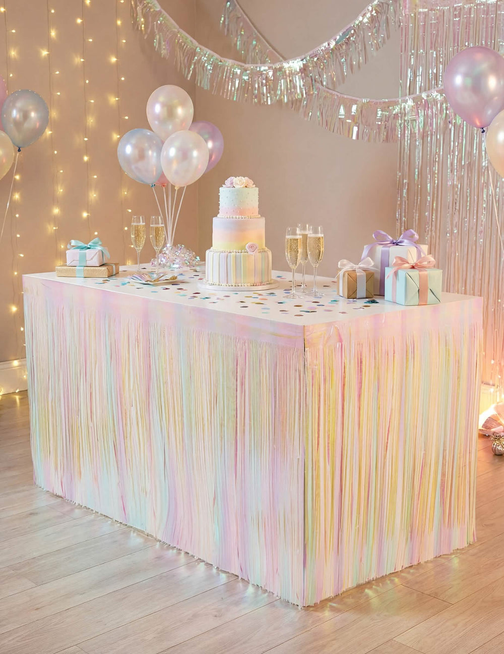 Fransen-Tischrock mit irisierendem Glanz für Pastellparty Bunt