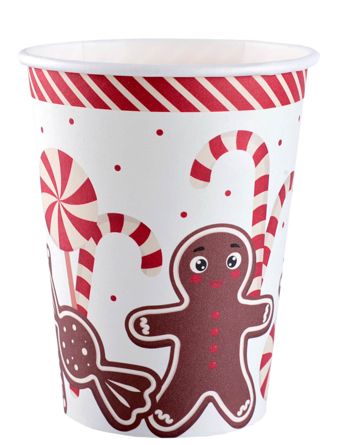 Gobelets en carton gourmandises de Noël pour fête blanc avec bonhomme de pain d'épices et sucres d'orge