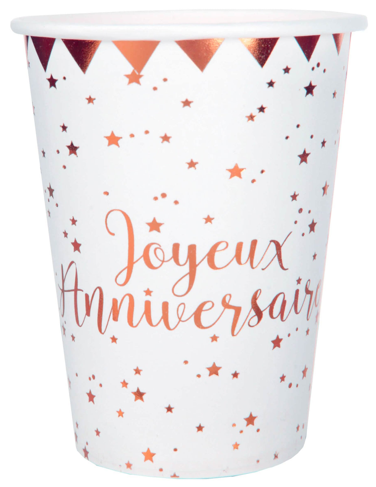 Gobelet en carton Joyeux anniversaire pour fête rose gold à étoiles