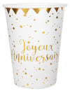 Gobelets en carton Joyeux Anniversaire blanc et doré métallisé avec étoiles