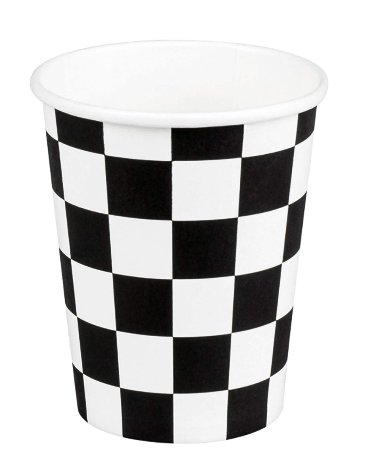 Gobelets en carton racing pour fête noir et blanc à motif damier