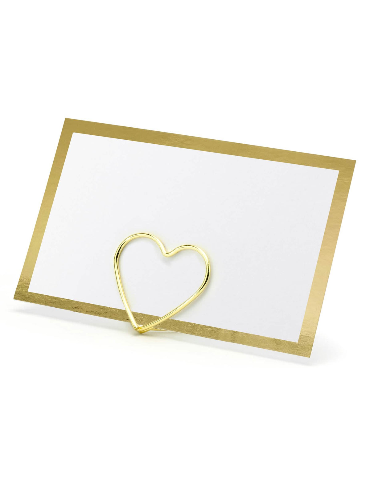 Marque-place à bordure dorée blanc et or avec support en forme de coeur doré