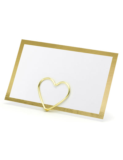 Marque-place à bordure dorée blanc et or avec support en forme de coeur doré