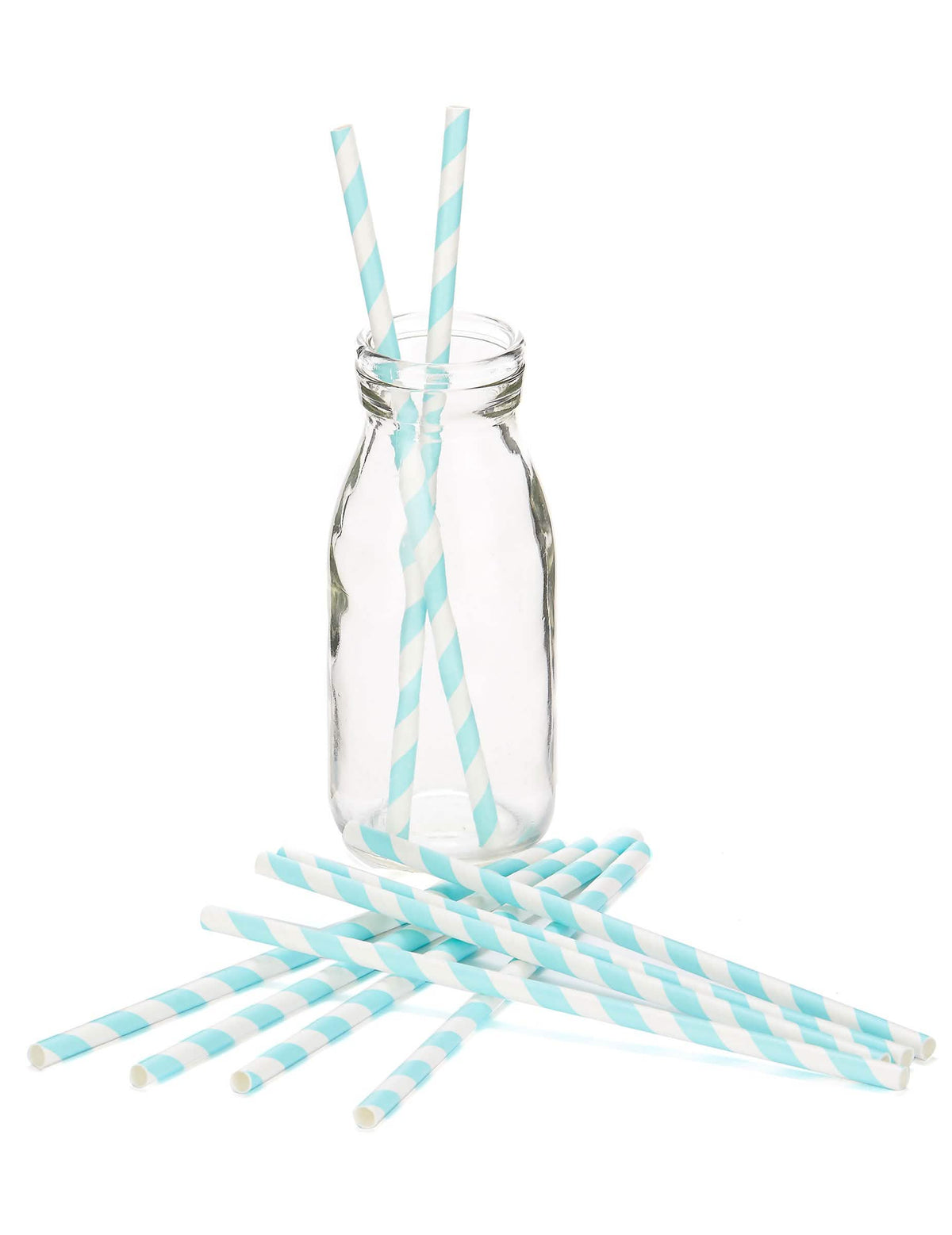 Mise en situation des pailles en carton rayées bleu pastel