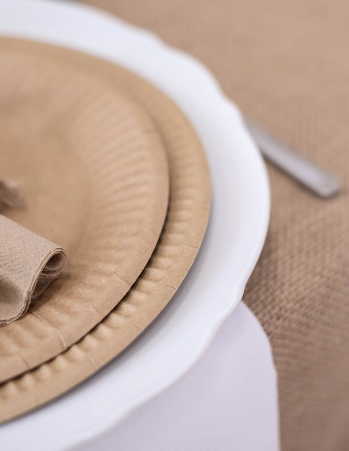 Détail de la bordure des assiettes en carton kraft marron recyclables