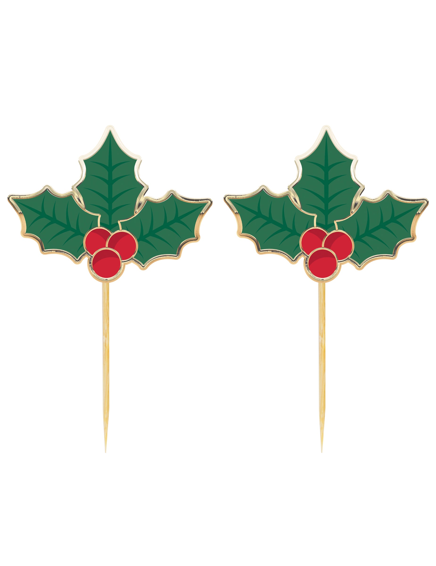 Pics à cocktail houx de Noël pour fête vert et rouge en bois