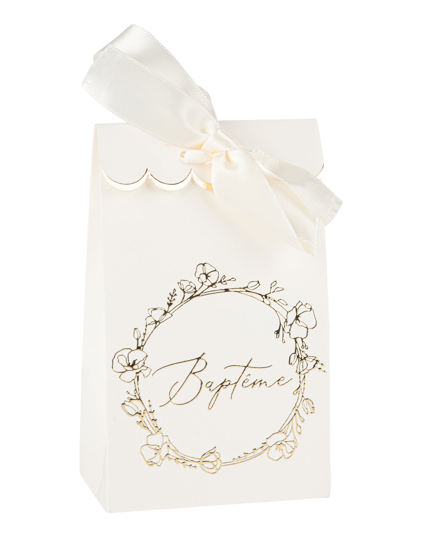 Sachet cadeau baptême en papier blanc crème et doré