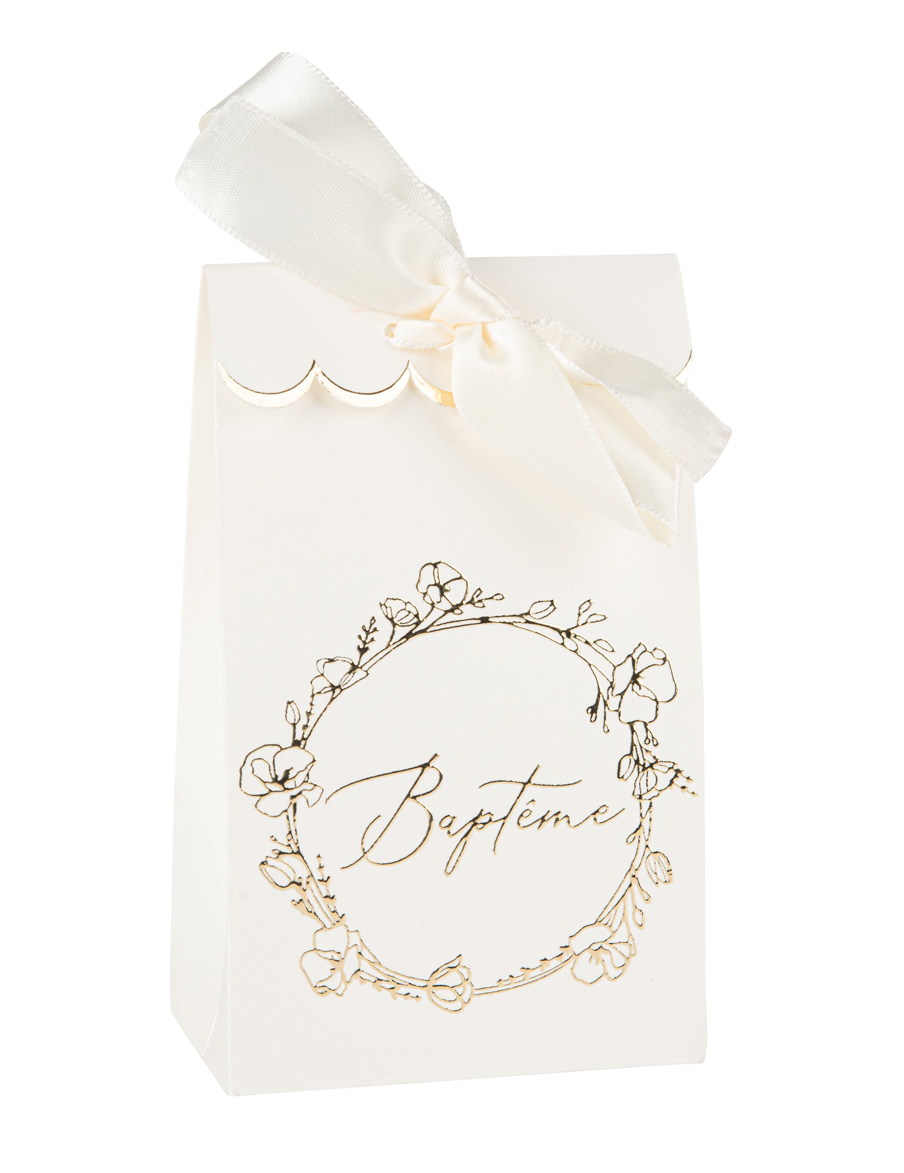 Sachet cadeau baptême en papier blanc crème et doré