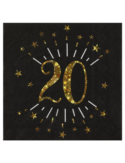Serviettes papier joyeux anniversaire 20 pour fête noir et or