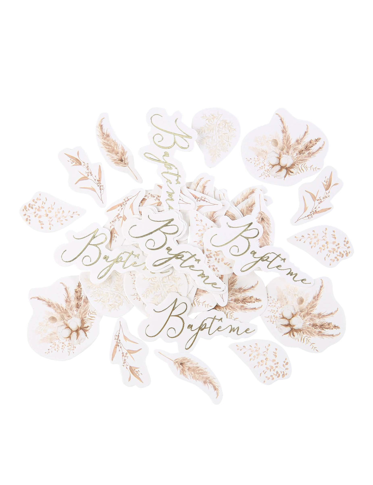 Confettis de table pampas et fleurs de coton pour baptême dorés