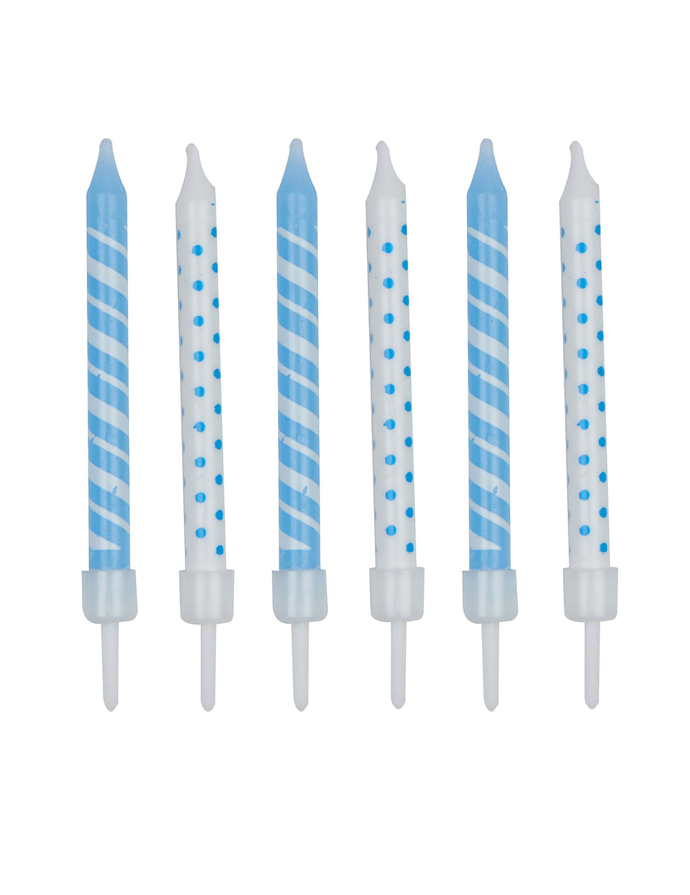 Bougies d'anniversaire rayées et à pois blanc et bleu ciel avec supports en lot de 12