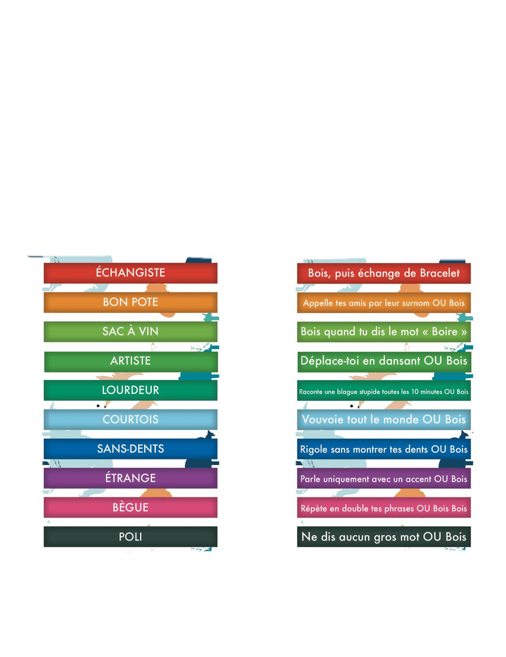 Détail des textes et défis des 10 bracelets défis humoristique pour adulte