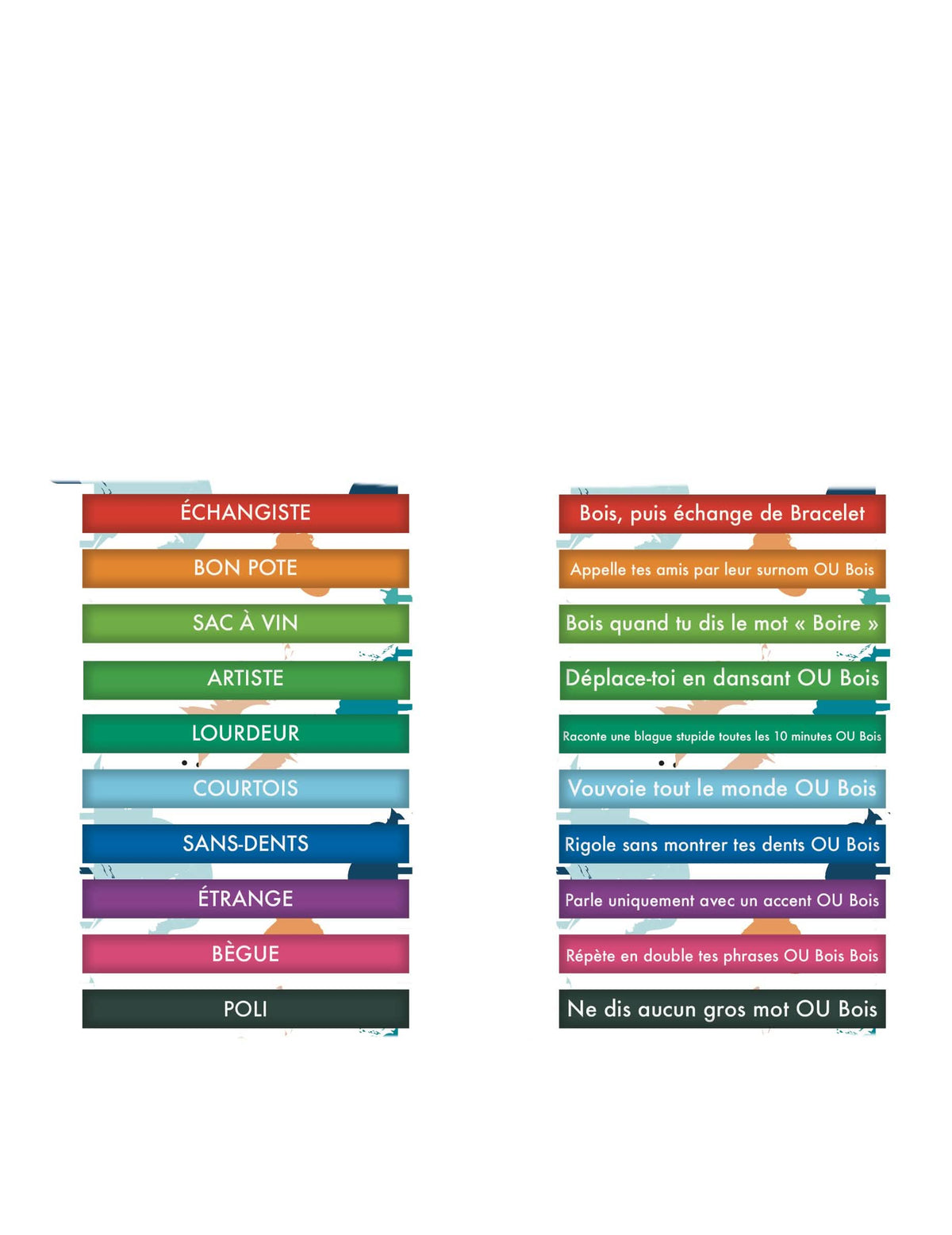 Détail des textes et défis des 10 bracelets défis humoristique pour adulte