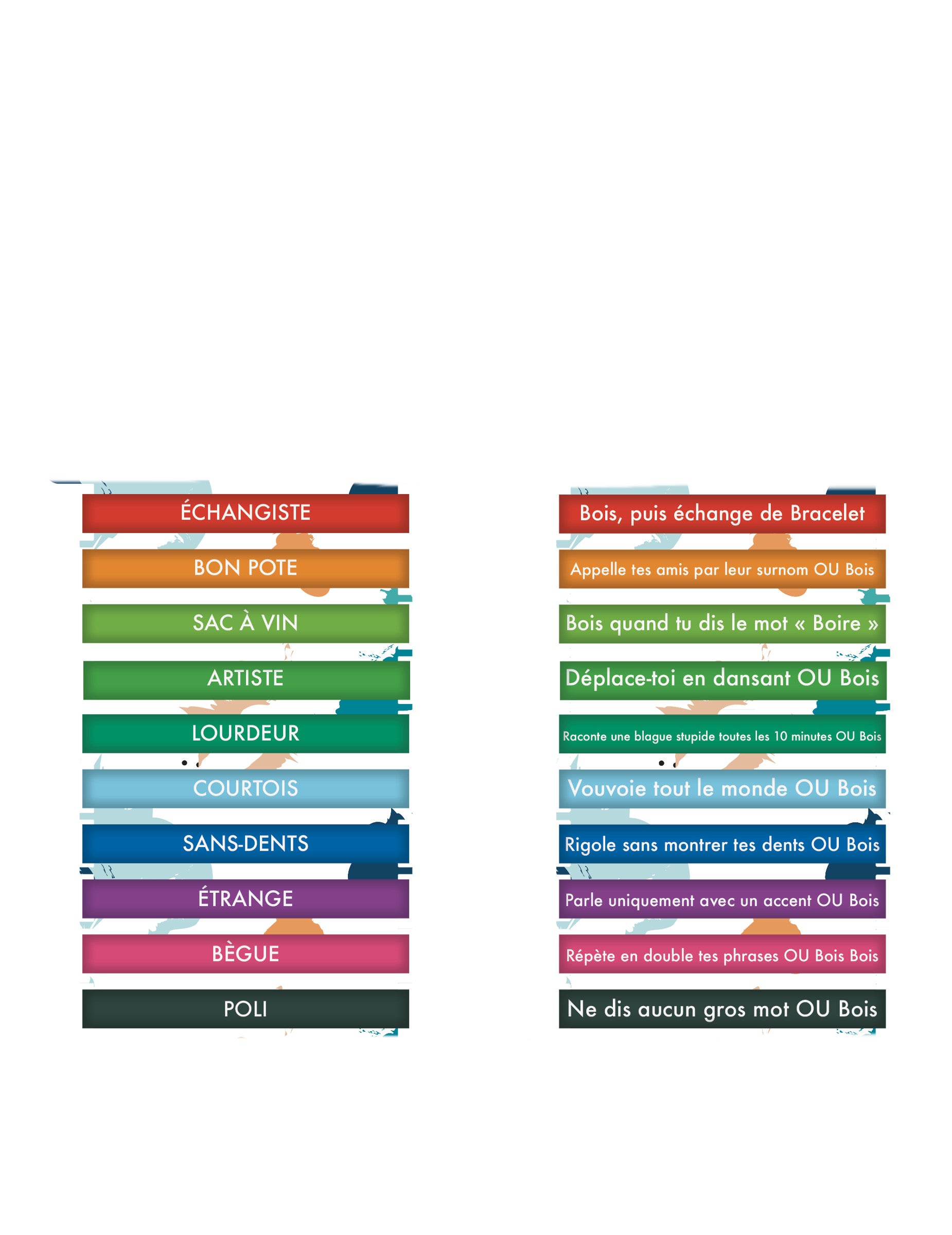 Détail des textes et défis des 10 bracelets défis humoristique pour adulte